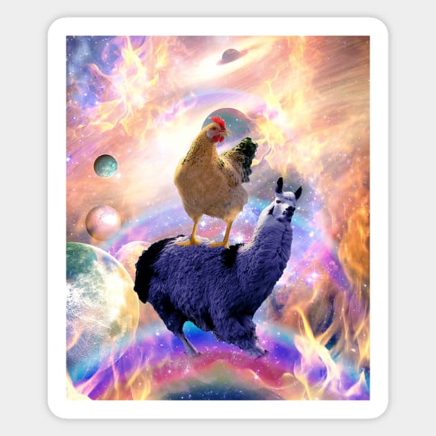 Chicken Riding Llama In Space - Rainbow Sticker by Random Galaxy